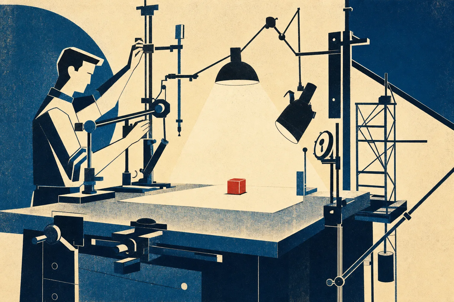 Mid-Century-Illustration: eine winzige schlichte Box mit rotem Akzent auf einer riesigen Werkbank, umgeben von einem übergroßen Gerüst aus Werkzeugen und Lampen, das eine Figur pflegt
