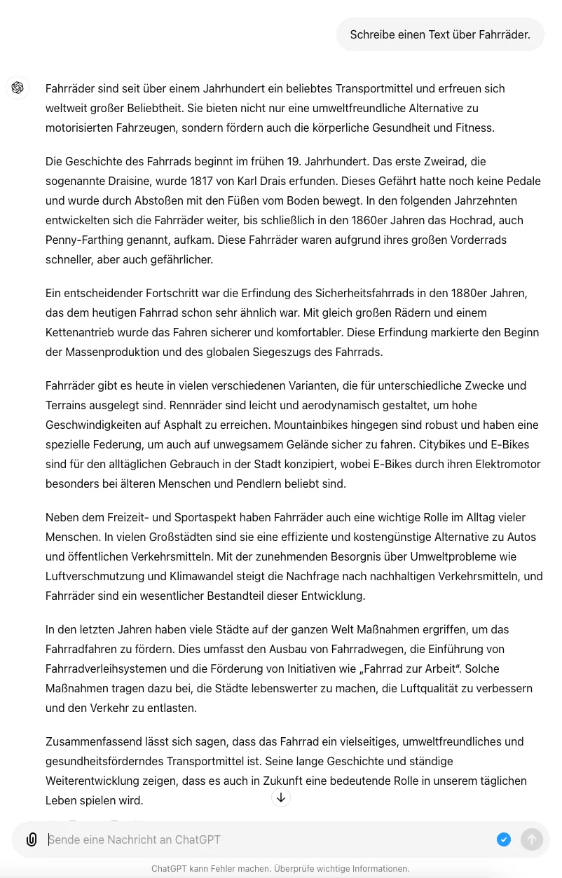 ChatGPT-Antwort auf den einfachen Fahrrad-Prompt