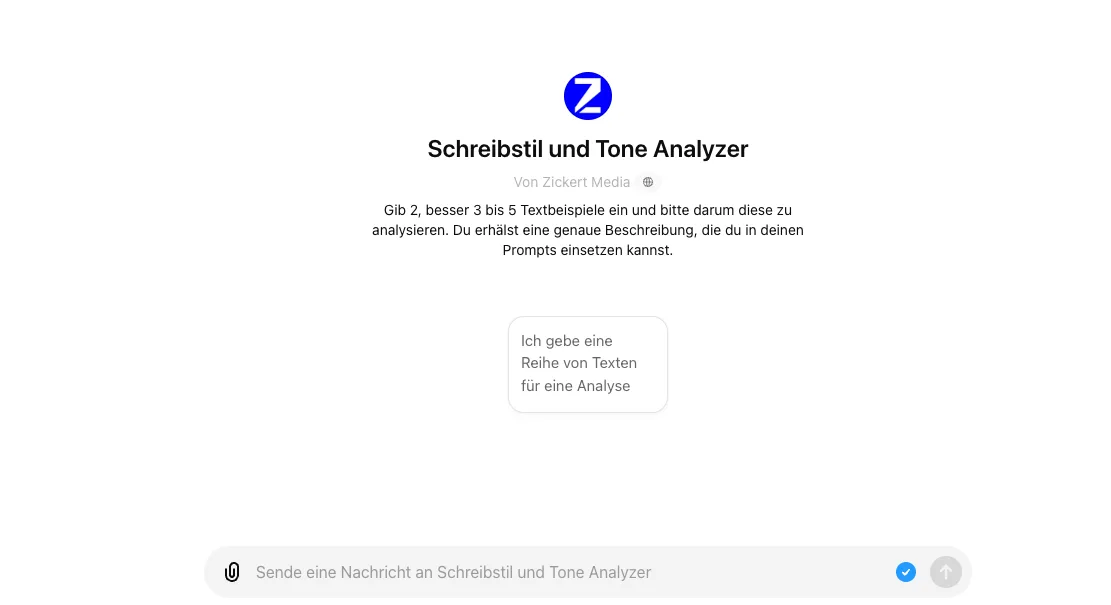 Startbildschirm eines eigenen GPT namens Schreibstil und Tone Analyzer mit Eingabefeld für Textbeispiele