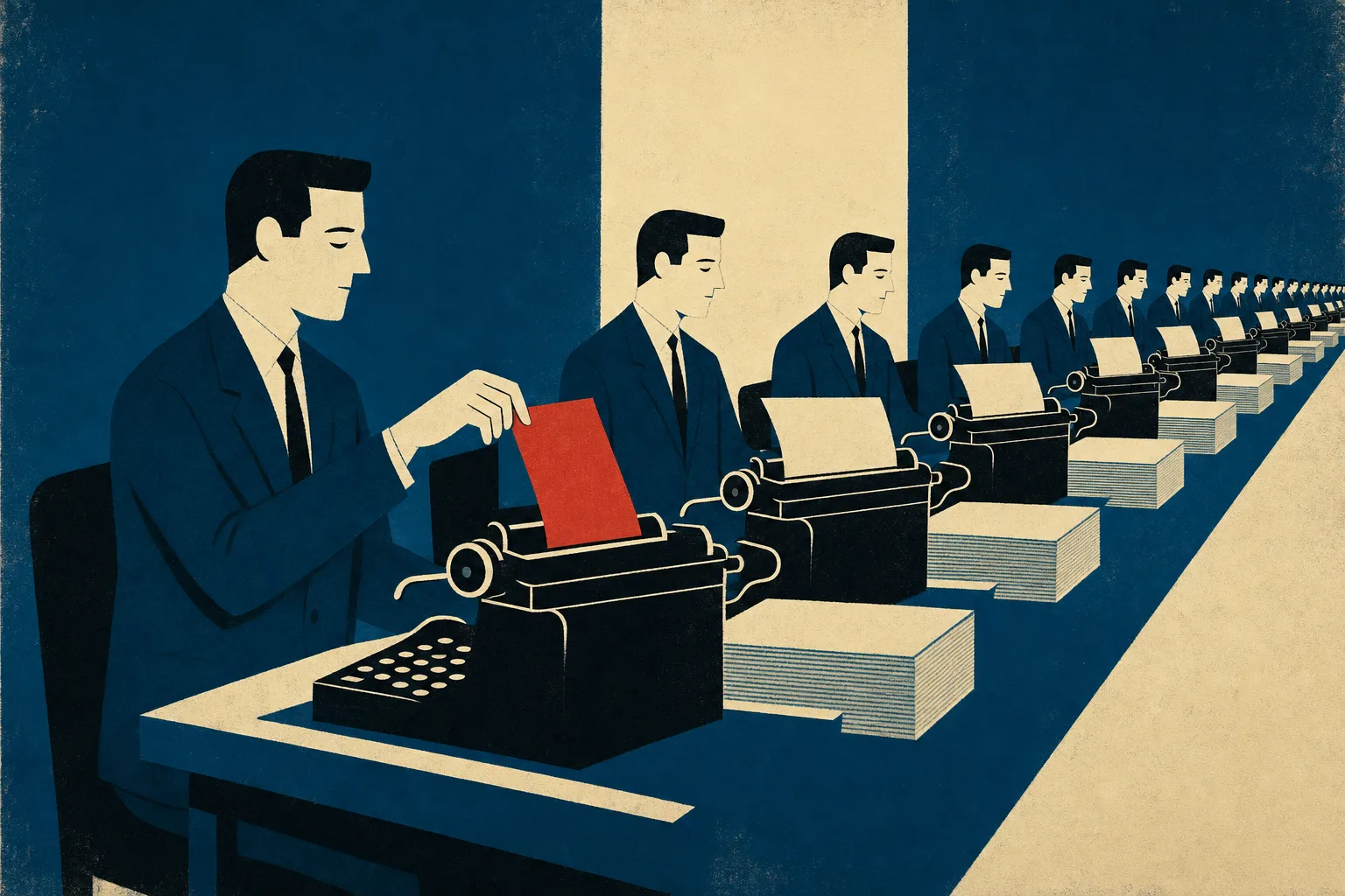 Mid-Century-Illustration: eine Reihe identischer Figuren an identischen Schreibmaschinen, eine Figur zieht die einzige rote Seite aus ihrer Maschine