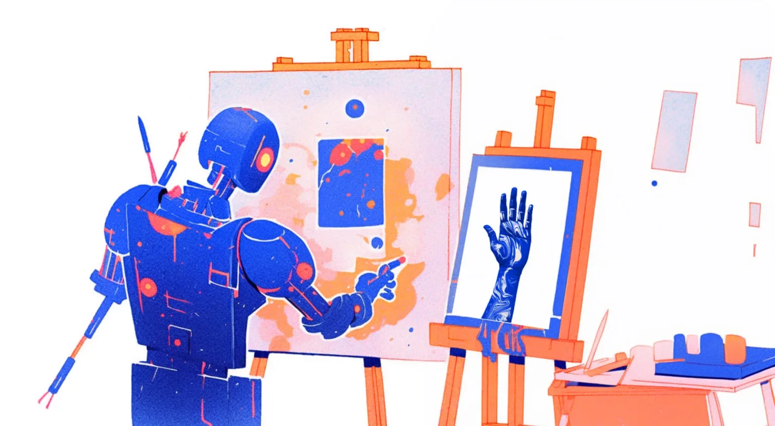 Illustration: Ein Roboter malt an einer Staffelei eine menschliche Hand ab