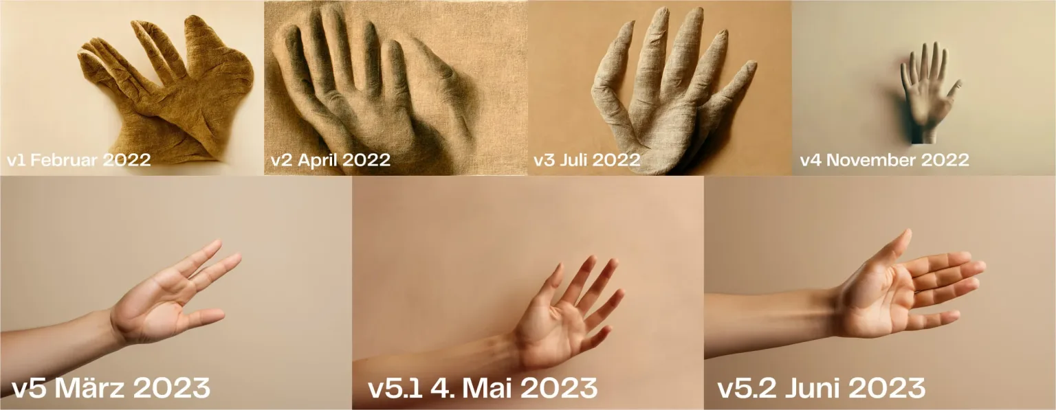 Sieben Midjourney-Versionen im Vergleich: von verformten Händen im Februar 2022 bis zur fotorealistischen Hand in Version 5.2 im Juni 2023