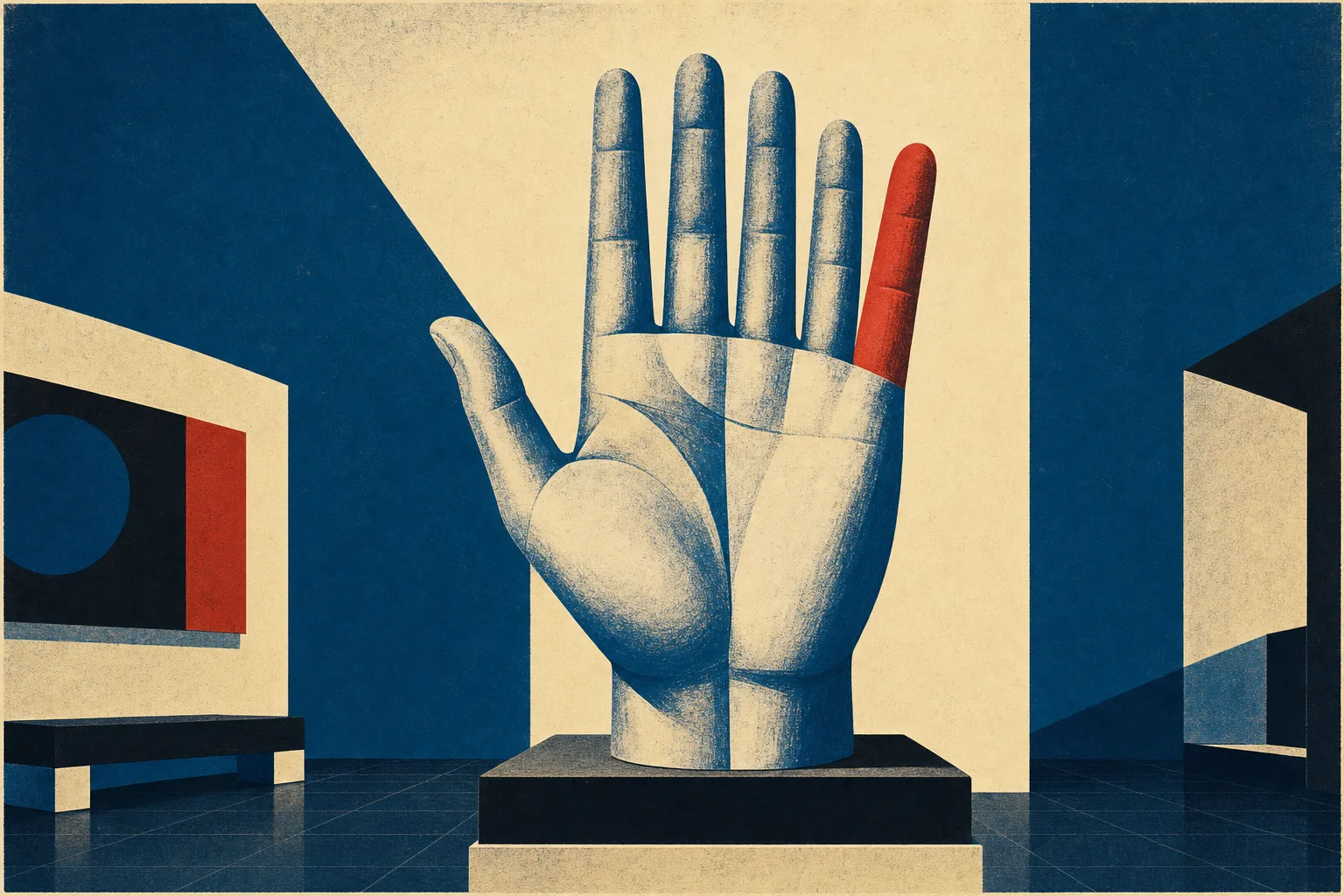 Mid-Century-Illustration: monumentale Hand-Skulptur auf einem Galerie-Sockel mit Daumen und fünf Fingern, der überzählige Finger in Rot
