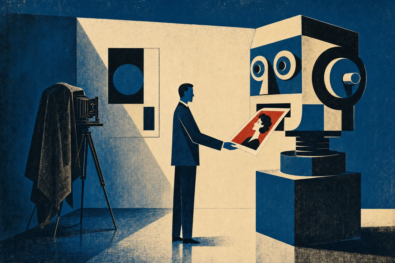 Mid-Century-Illustration: ein großer Roboterkopf reicht ein fertiges Porträt aus seinem Mund an eine Figur, die verhüllte Studiokamera steht vergessen in der Ecke
