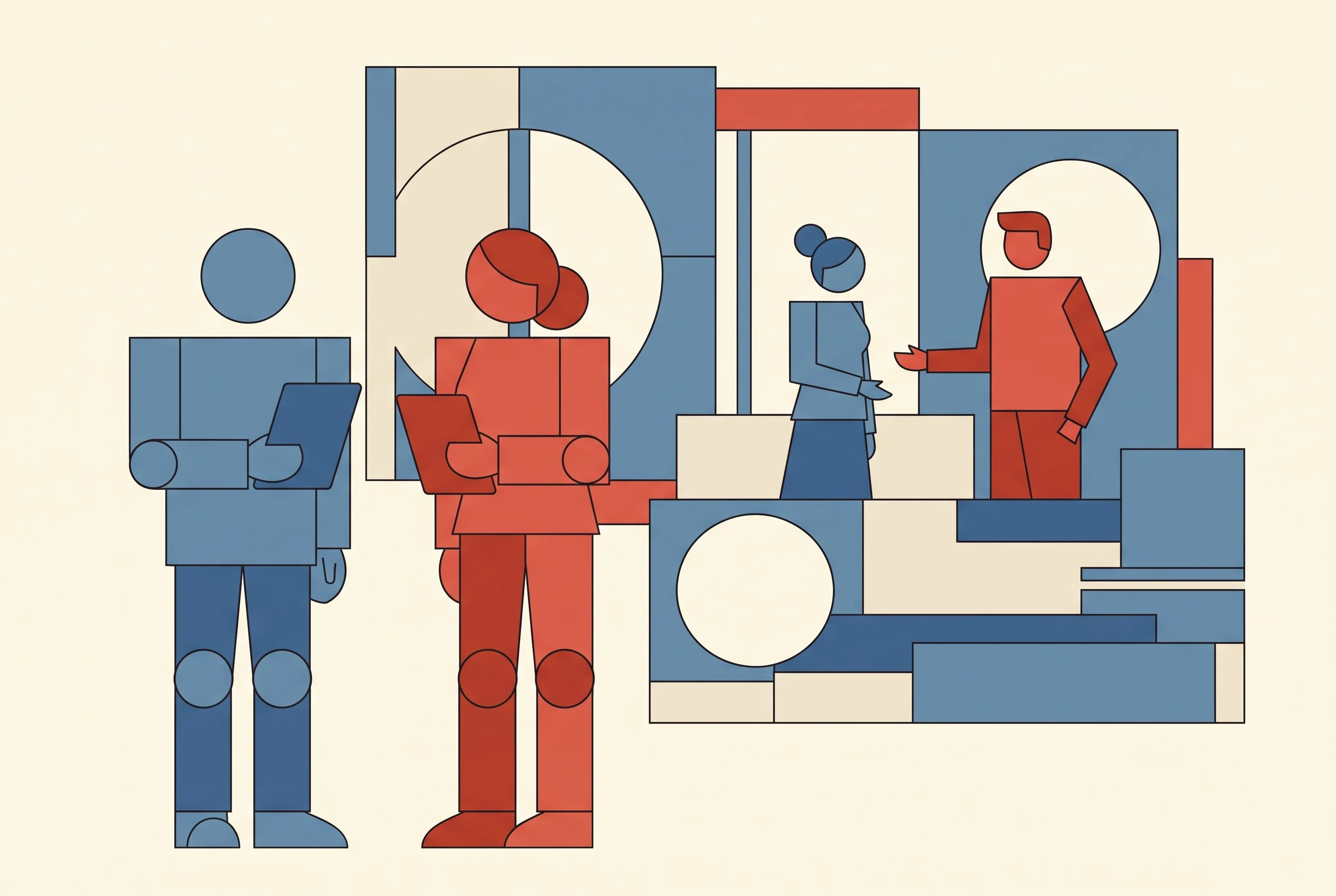 Stilisierte Illustration eines Business-Teams im Büro, flache geometrische Formen in Blau, Creme und Rot