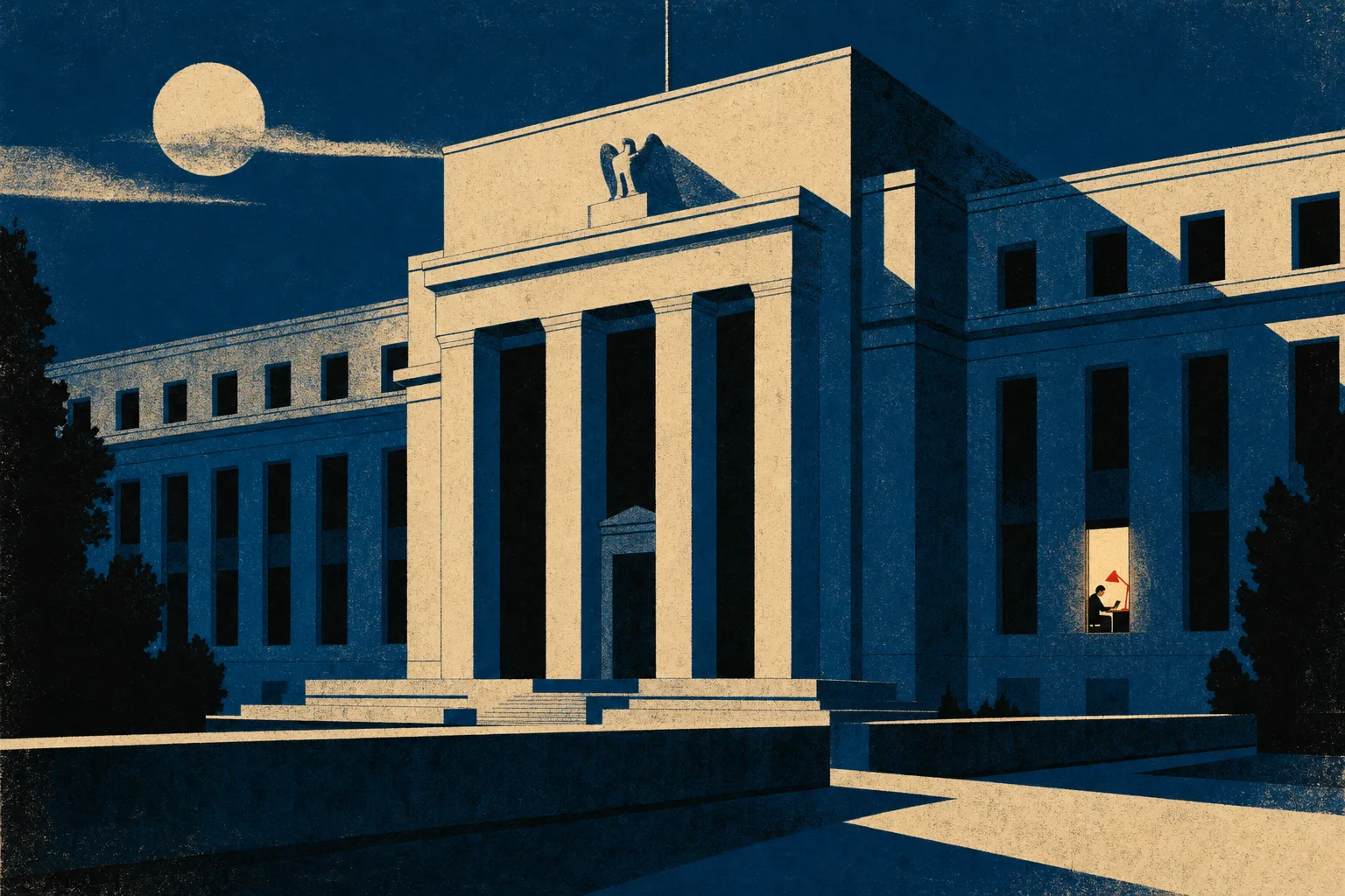 Mid-Century-Illustration: Amtsgebäude bei Nacht, alle Fenster dunkel bis auf eines, hinter dem eine Figur bei roter Schreibtischlampe arbeitet
