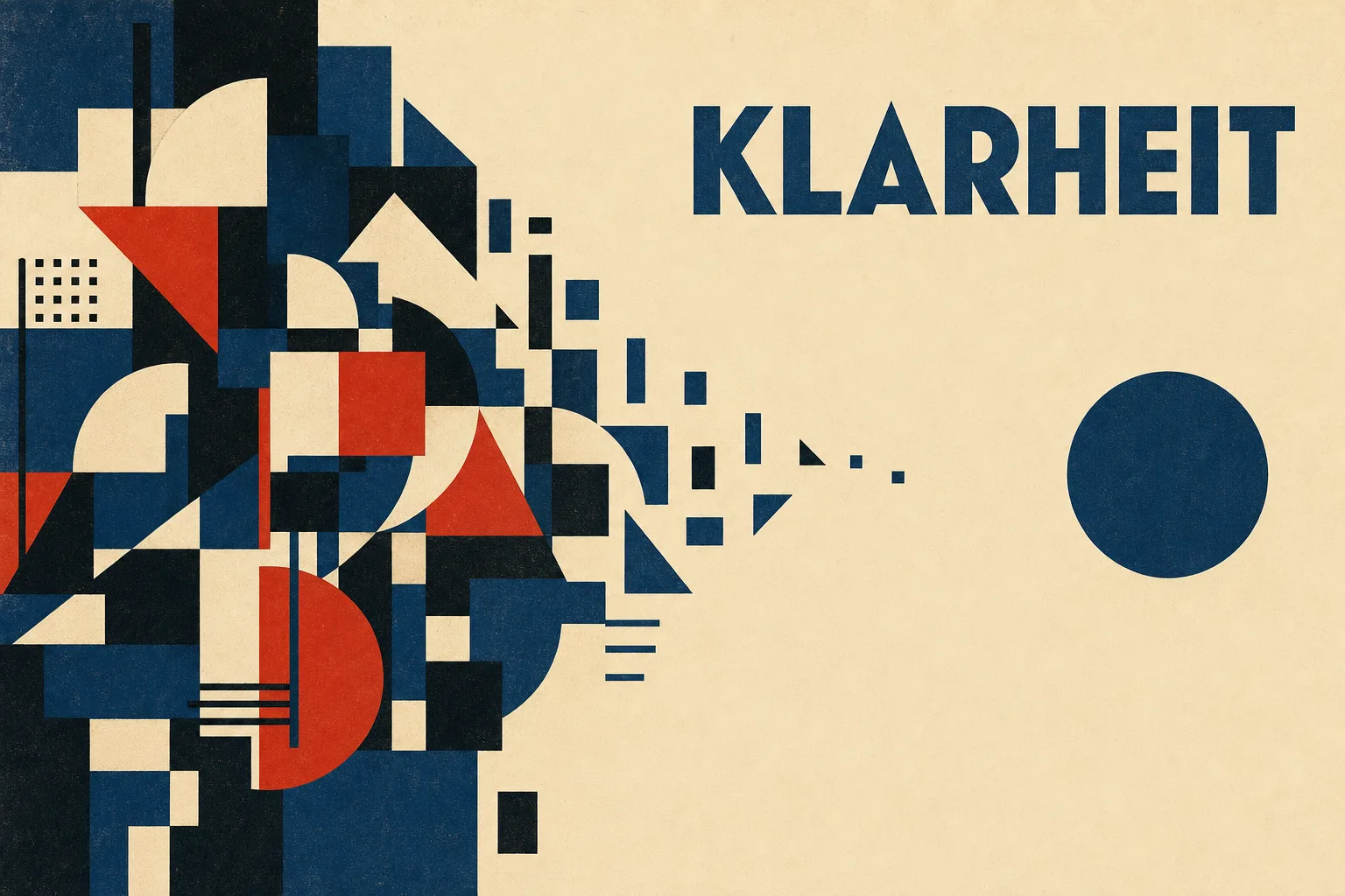 Bauhaus-Plakat: ein dichtes Feld blauer geometrischer Formen löst sich nach rechts in einen einzelnen klaren Kreis auf