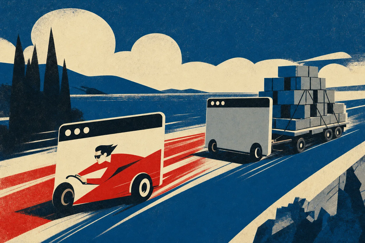 Mid-Century-Illustration: zwei Browserfenster als Rennwagen, das vordere leicht und schnell, das hintere schleppt einen Anhänger voller Kisten