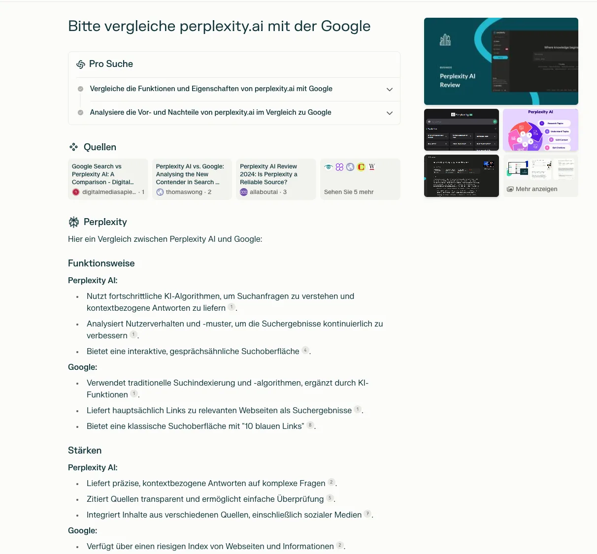Perplexity-Antwort zum Vergleich mit Google: Pro-Suche-Zwischenschritte, Quellenkarten und eine strukturierte Antwort mit Belegen