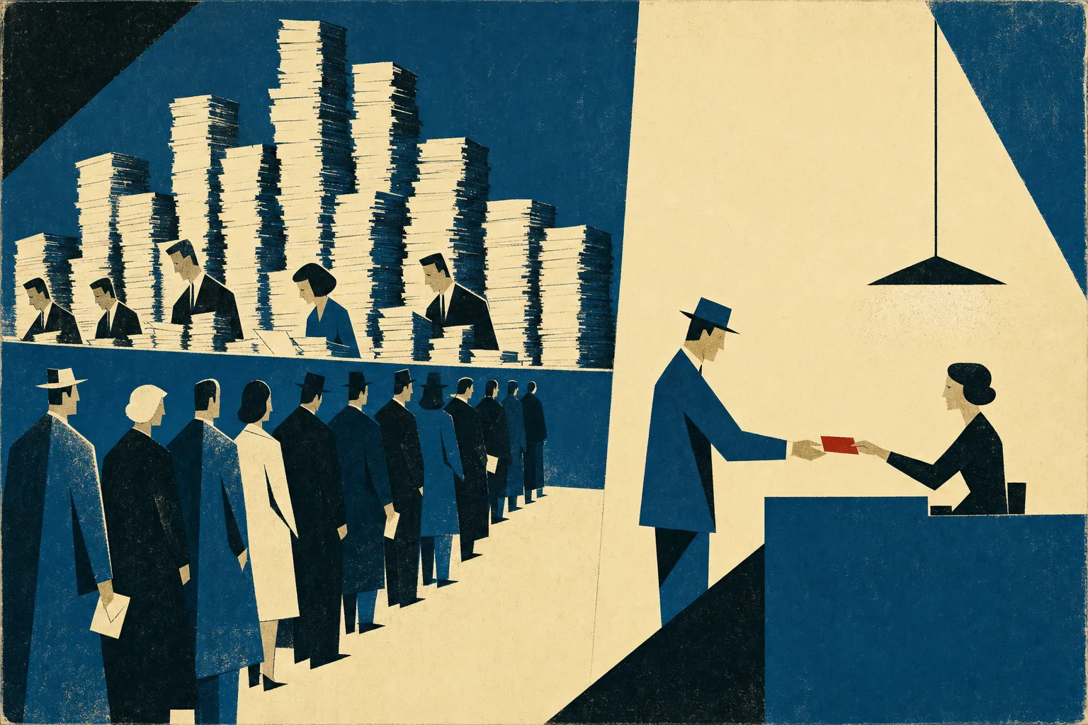 Mid-Century-Illustration: ein riesiger Schalter mit langer Warteschlange und Papierstapeln, daneben ein kleiner Schalter, an dem eine einzelne rote Karte direkt übergeben wird