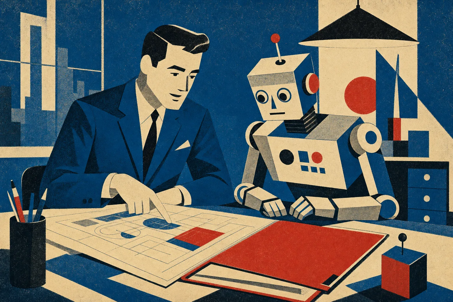 Mid-Century-Illustration: ein Mensch und ein freundlicher Roboter sitzen als Kollegen am selben Schreibtisch über einem aufgefalteten Plan, zwischen ihnen eine offene rote Mappe