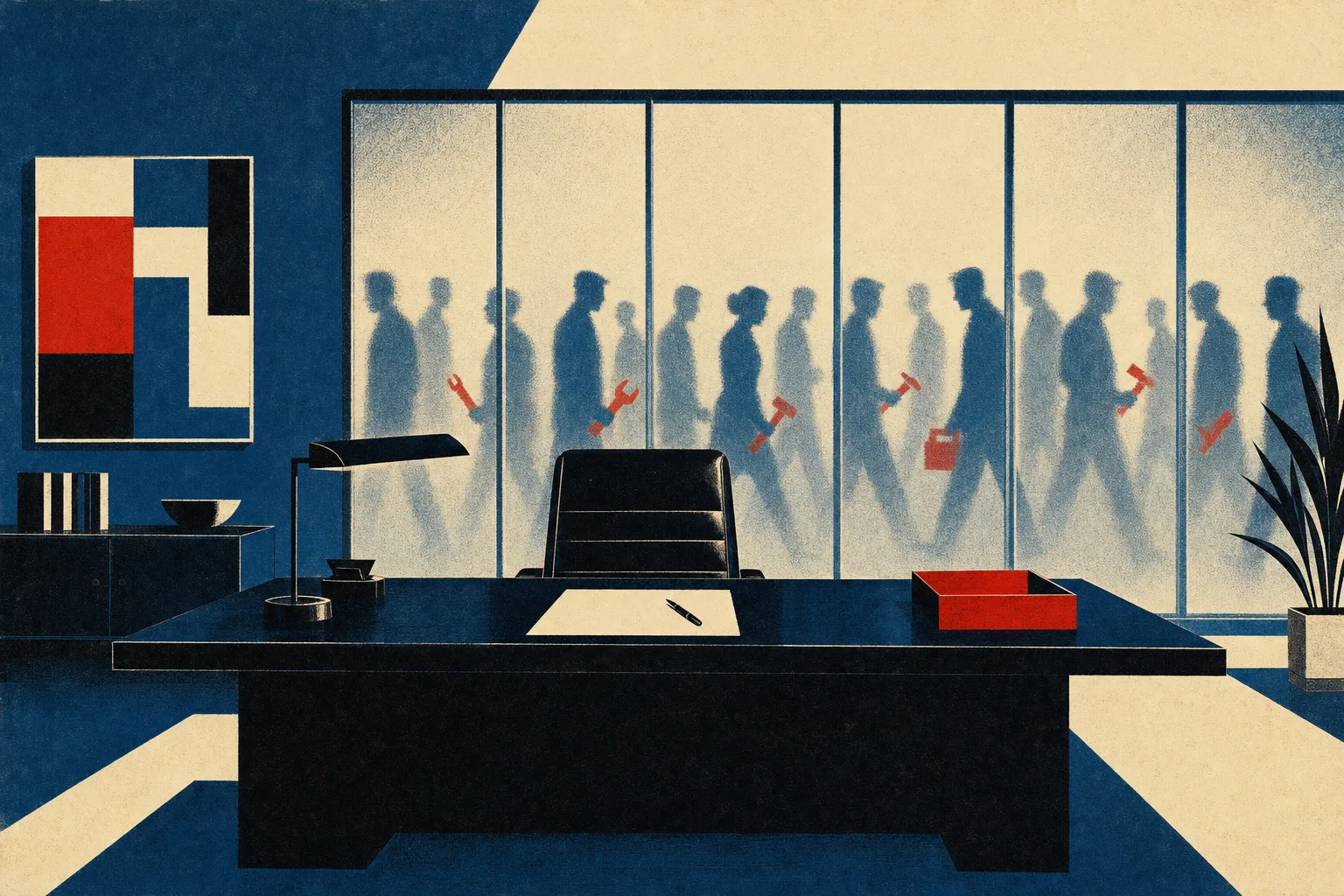 Mid-Century-Illustration: ein leerer Chefschreibtisch mit einem nicht unterschriebenen Blatt und Stift, hinter der Milchglaswand tragen Mitarbeiter-Silhouetten kleine rote Werkzeuge