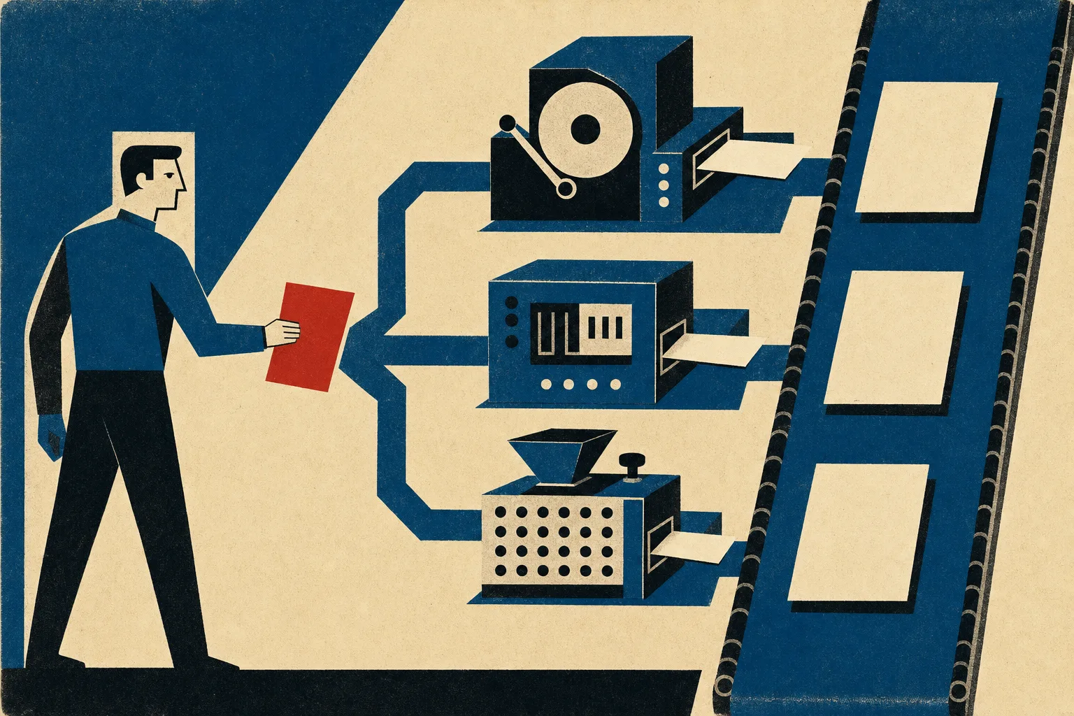 Mid-Century-Illustration: eine Figur gibt ein rotes Briefing-Blatt in drei völlig verschiedene Maschinen, die alle dieselbe saubere Seite ausgeben
